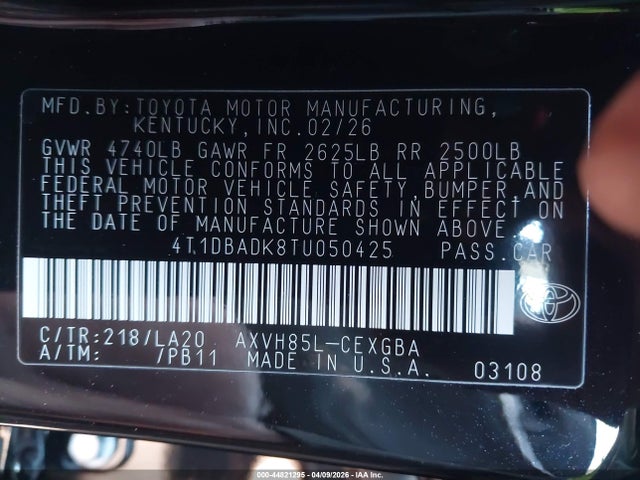 Продажа на аукционе авто 2026 Toyota Camry Xle, vin: 4T1DBADK8TU050425, номер лота: 44821295