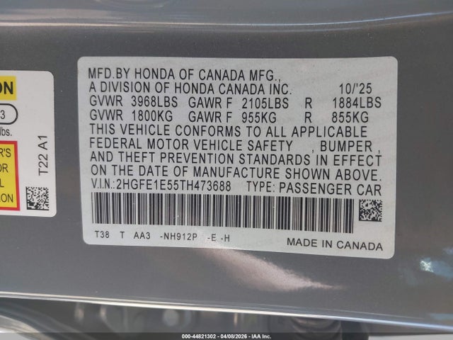 2026 Honda Civic Si Sedan მანქანა იყიდება აუქციონზე, vin: 2HGFE1E55TH473688, აუქციონის ნომერი: 44821302