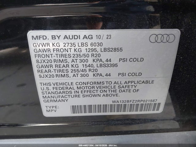 44821304 :رقم المزاد ، WA132BFZ2RP021567 vin ، 2024 Audi Q4 Sportback E-tron Premium Plus 50 Quattro مزاد بيع