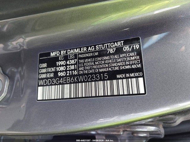 44821307 :رقم المزاد ، WDD3G4EB6KW023315 vin ، 2019 Mercedes-benz A 220 مزاد بيع