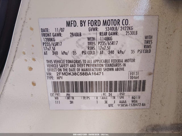 Продажа на аукционе авто 2008 Ford Edge Sel, vin: 2FMDK38C58BA16471, номер лота: 44821309