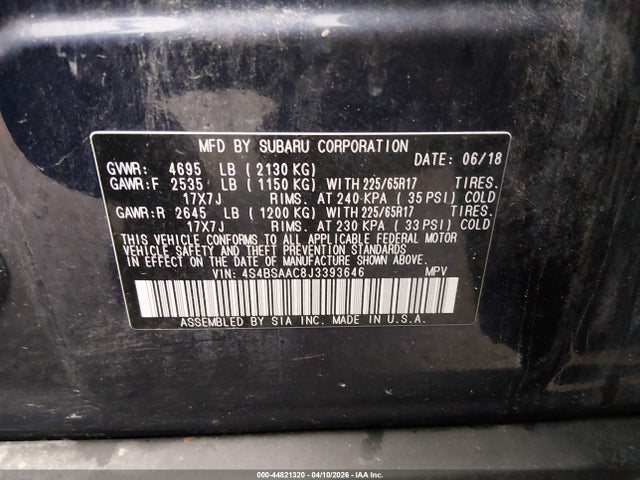 44821320 :رقم المزاد ، 4S4BSAAC8J3393646 vin ، 2018 Subaru Outback 2.5i مزاد بيع