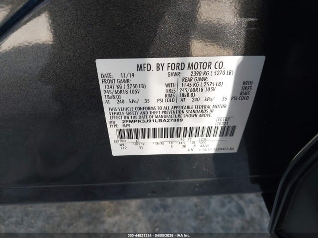 Ford EDGE SEL 2020 2FMPK3J91LBA27889 Image 9