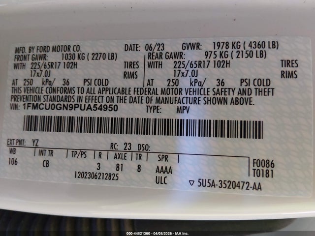2023 Ford Escape Active მანქანა იყიდება აუქციონზე, vin: 1FMCU0GN9PUA54950, აუქციონის ნომერი: 44821360