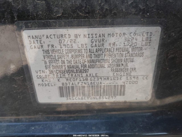 Auction sale of the 2022 Nissan Versa 1.6 Sv Xtronic Cvt, vin: 3N1CN8EV0NL856297, lot number: 44821412