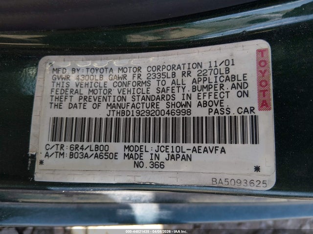 44821435 :رقم المزاد ، JTHBD192920046998 vin ، 2002 Lexus Is 300 مزاد بيع