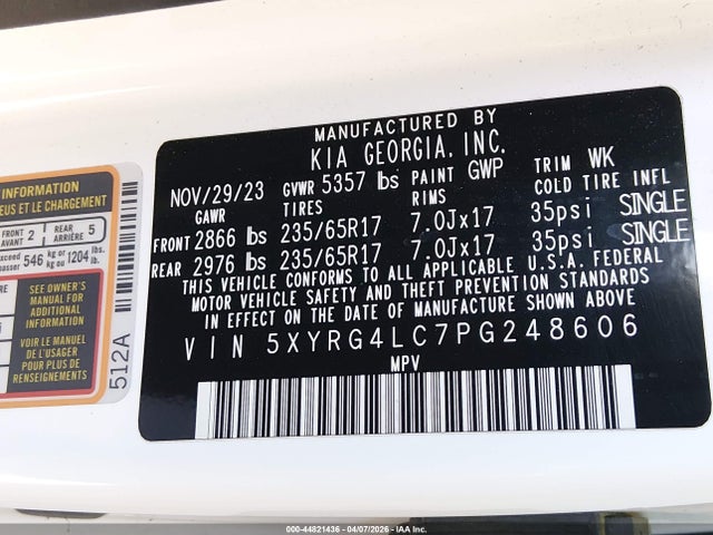 44821436 :رقم المزاد ، 5XYRG4LC7PG248606 vin ، 2023 Kia Sorento Lx مزاد بيع