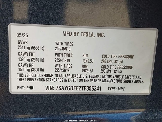 Продажа на аукционе авто 2026 Tesla Model Y All-wheel Drive/long Range Launch Series/premium All-wheel Drive, vin: 7SAYGDEE2TF356341, номер лота: 44821455