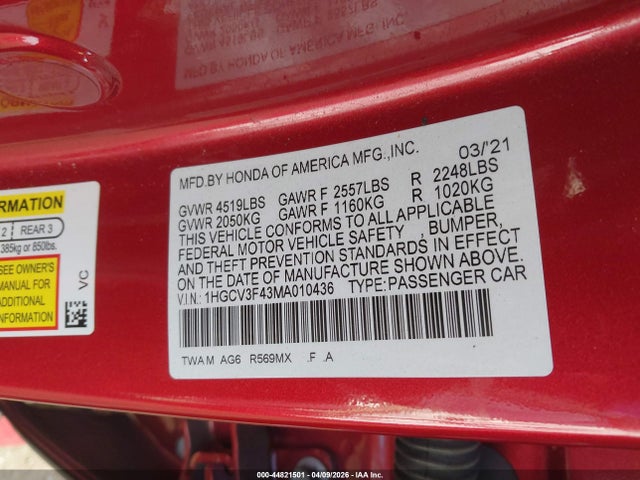 1HGCV3F43MA010436 Honda Accord Hybrid Ex