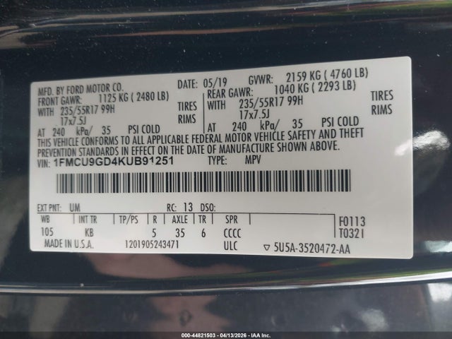 2019 Ford Escape Se მანქანა იყიდება აუქციონზე, vin: 1FMCU9GD4KUB91251, აუქციონის ნომერი: 44821503
