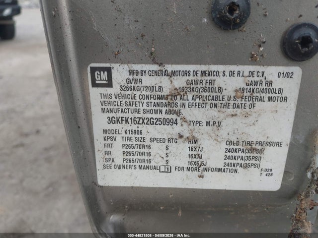 Aukcja sprzedaży 2002 Gmc Yukon Xl 1500 Slt, vin: 3GKFK16ZX2G250994, numer aukcji: 44821508