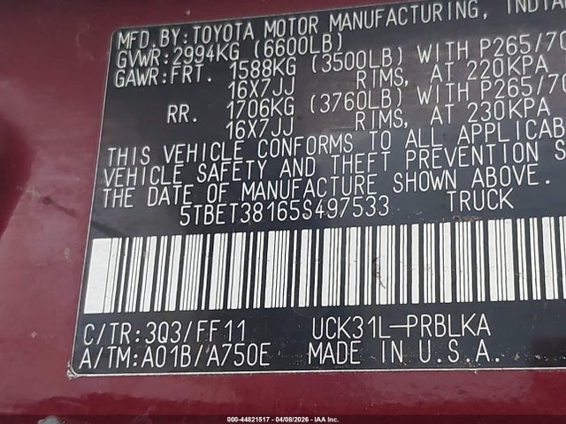 2005 TOYOTA TUNDRA 5TBET38165S497533 Photo 8