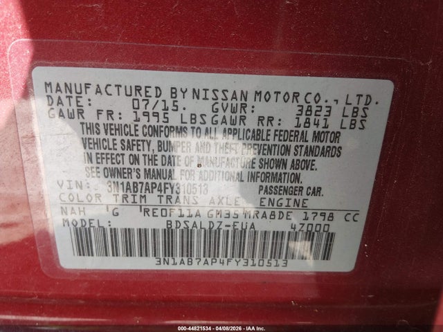 2015 Nissan Sentra Sv მანქანა იყიდება აუქციონზე, vin: 3N1AB7AP4FY310513, აუქციონის ნომერი: 44821534