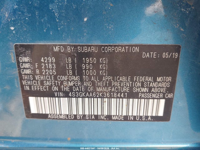 Aukcja sprzedaży 2019 Subaru Impreza 2.0i, vin: 4S3GKAA62K3618441, numer aukcji: 44821541