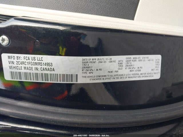 2021 Chrysler Pacifica Touring მანქანა იყიდება აუქციონზე, vin: 2C4RC1FG0MR514953, აუქციონის ნომერი: 44821593