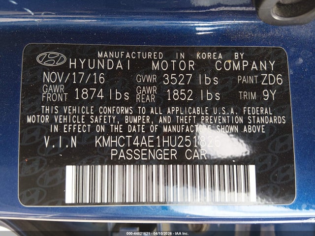 Aukcja sprzedaży 2017 Hyundai Accent Se, vin: KMHCT4AE1HU251826, numer aukcji: 44821621
