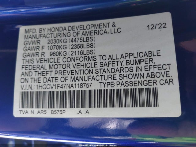 1HGCV1F47NA118757 Honda Accord Sport Special Edition