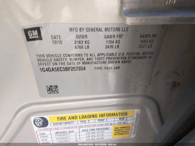 2011 Buick Lacrosse Cx მანქანა იყიდება აუქციონზე, vin: 1G4GA5EC3BF257354, აუქციონის ნომერი: 44821639