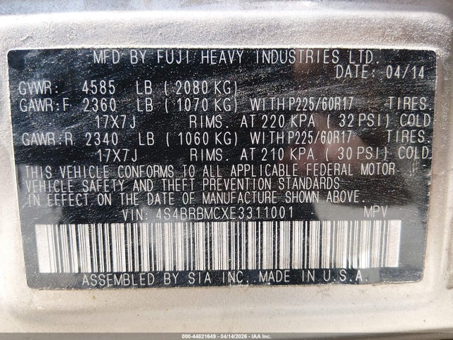 Продаж на аукціоні авто 2014 Subaru Outback 2.5i Limited, vin: 4S4BRBMCXE3311001, номер лоту: 44821649