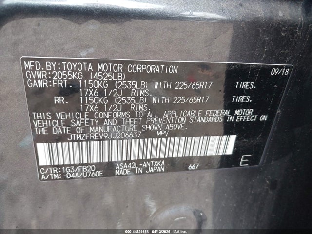 44821658 :رقم المزاد ، JTMZFREV9JJ206637 vin ، 2018 Toyota Rav4 Le مزاد بيع