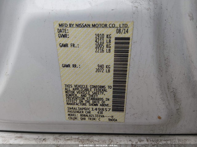Aukcja sprzedaży 2015 Nissan Altima 2.5 Sl, vin: 1N4AL3AP6FC149857, numer aukcji: 44821681