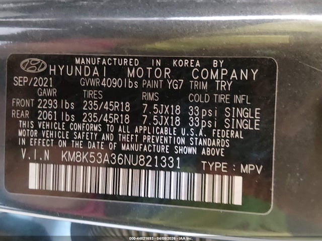 44821693 :رقم المزاد ، KM8K53A36NU821331 vin ، 2022 Hyundai Kona Limited مزاد بيع