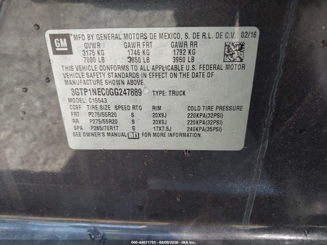Aukcja sprzedaży 2016 Gmc Sierra 1500 Slt, vin: 3GTP1NEC0GG247889, numer aukcji: 44821703