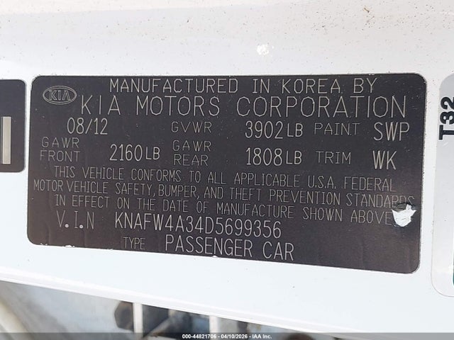 44821706 :رقم المزاد ، KNAFW4A34D5699356 vin ، 2013 Kia Forte Sx مزاد بيع