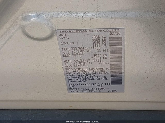 Продажа на аукционе авто 2016 Nissan Rogue S/sl/sv, vin: 5N1AT2MTXGC811210, номер лота: 44821709