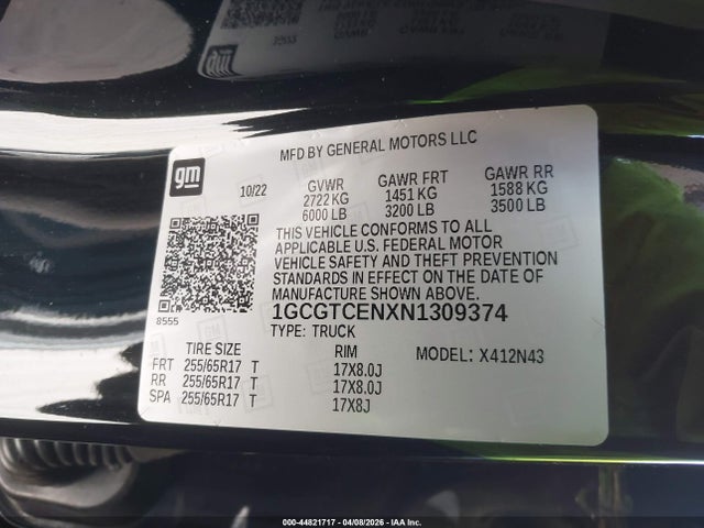 44821717 :رقم المزاد ، 1GCGTCENXN1309374 vin ، 2022 Chevrolet Colorado 4wd  Short Box Lt مزاد بيع