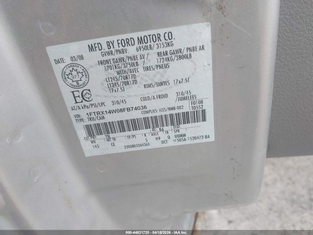44821720 :رقم المزاد ، 1FTRX14W08FB74036 vin ، 2008 Ford F-150 Stx/xl/xlt مزاد بيع