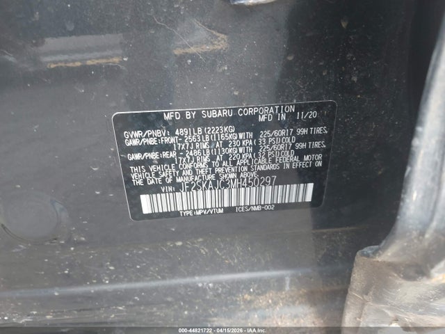 Продаж на аукціоні авто 2021 Subaru Forester Premium, vin: JF2SKAJC3MH450297, номер лоту: 44821722