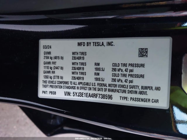 Aukcja sprzedaży 2024 Tesla Model 3 Long Range Dual Motor All-wheel Drive/rear-wheel Drive, vin: 5YJ3E1EA4RF738596, numer aukcji: 44821734