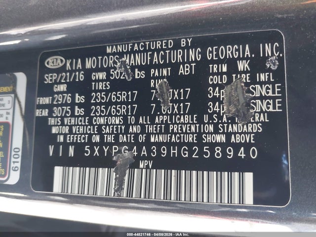 44821746 :رقم المزاد ، 5XYPG4A39HG258940 vin ، 2017 Kia Sorento 2.4l Lx مزاد بيع