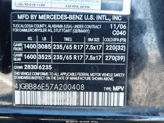 Aukcja sprzedaży 2007 Mercedes-benz Ml 350 4matic, vin: 4JGBB86E57A200408, numer aukcji: 44821751
