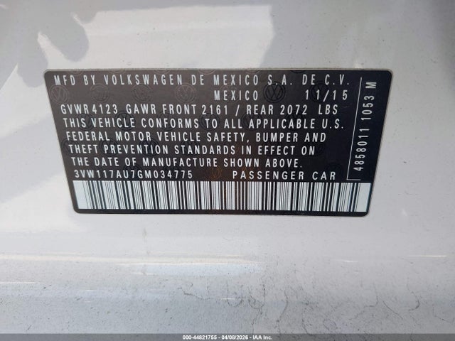 2016 Volkswagen Golf Tsi S 4-door მანქანა იყიდება აუქციონზე, vin: 3VW117AU7GM034775, აუქციონის ნომერი: 44821755