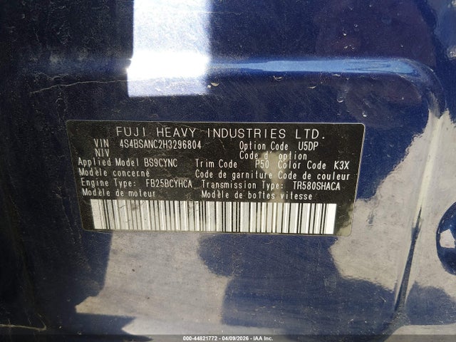 44821772 :رقم المزاد ، 4S4BSANC2H3296804 vin ، 2017 Subaru Outback 2.5i Limited مزاد بيع