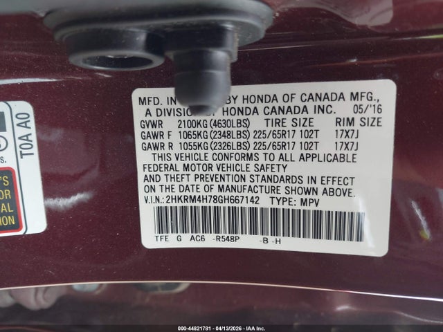 2016 Honda Cr-v Ex-l მანქანა იყიდება აუქციონზე, vin: 2HKRM4H78GH667142, აუქციონის ნომერი: 44821781