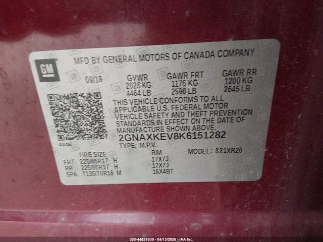 Aukcja sprzedaży 2019 Chevrolet Equinox Lt, vin: 2GNAXKEV8K6151282, numer aukcji: 44821809