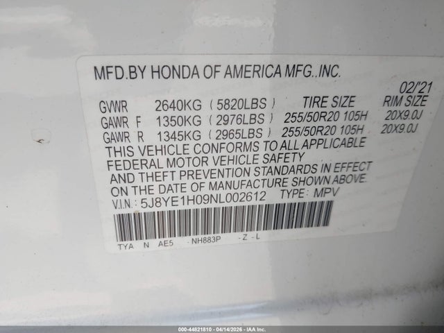 Aukcja sprzedaży 2022 Acura Mdx A-spec Package, vin: 5J8YE1H09NL002612, numer aukcji: 44821810