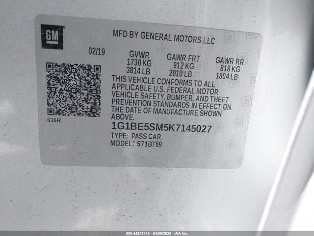 Aukcja sprzedaży 2019 Chevrolet Cruze Lt, vin: 1G1BE5SM5K7145027, numer aukcji: 44821816