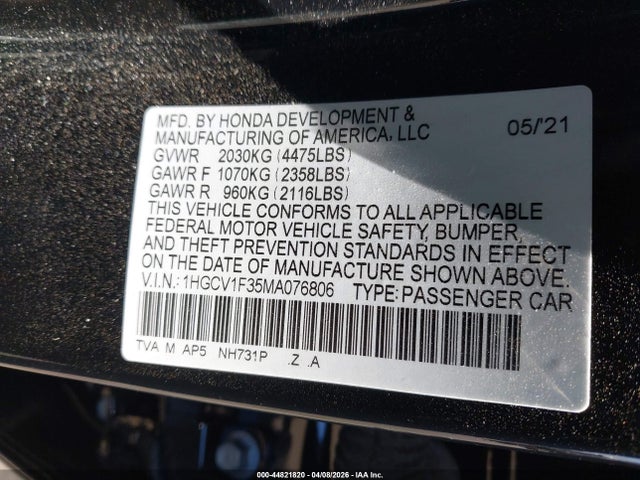 1HGCV1F35MA076806 Honda Accord Sport