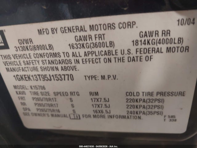 2005 Gmc Yukon Slt მანქანა იყიდება აუქციონზე, vin: 1GKEK13T95J153770, აუქციონის ნომერი: 44821830
