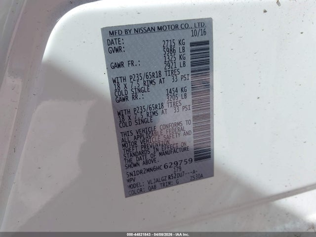 5N1DR2MN6HC629759 Nissan Pathfinder Sl