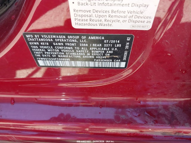 Продаж на аукціоні авто 2015 Volkswagen Passat 1.8t Se, vin: 1VWBS7A34FC006585, номер лоту: 44821851
