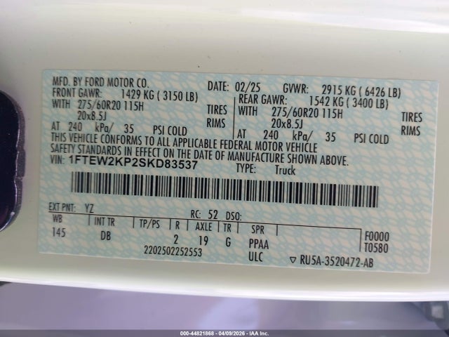 Aukcja sprzedaży 2025 Ford F-150 Stx, vin: 1FTEW2KP2SKD83537, numer aukcji: 44821868