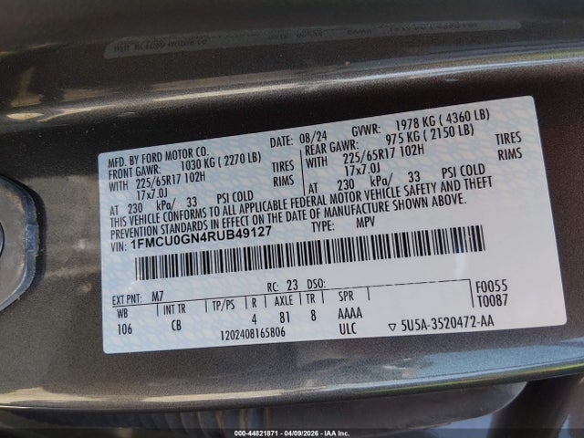 Продажа на аукционе авто 2024 Ford Escape Active, vin: 1FMCU0GN4RUB49127, номер лота: 44821871