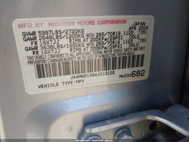 Продаж на аукціоні авто 2004 Mitsubishi Montero Xls, vin: JA4MW51S94J010100, номер лоту: 44821874