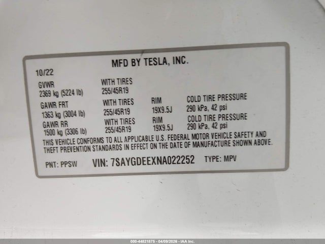 7SAYGDEEXNA022252 Tesla Model Y Long Range Dual Motor All-wheel Drive