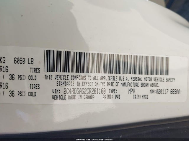 44821886 :رقم المزاد ، 2C4RDGAG2CR281180 vin ، 2012 Ram Cargo C/v مزاد بيع